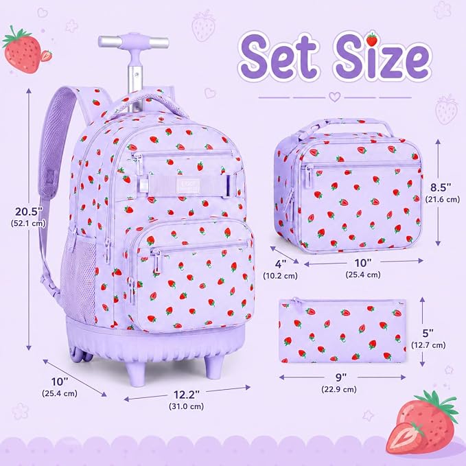 3Pcs Rolling Backpack for Girls, School Roller Bookbag with Wheels, Strawberry Wheeled Backpacks Set for Women (Purple) - Image 4