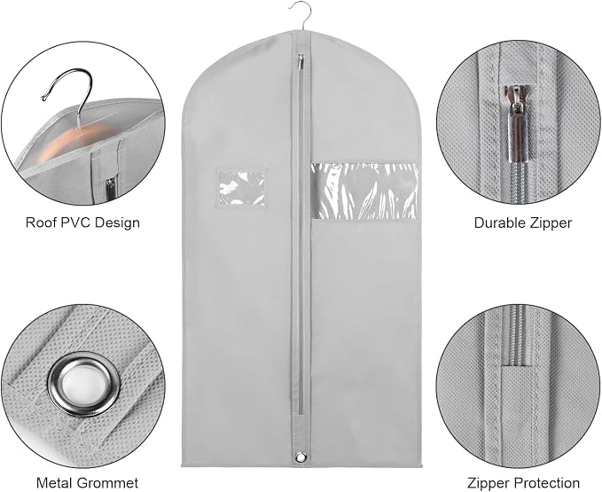 Syeeiex 40" Suit Bag, Set of 5 Garment Bag, Garment Bags for Hanging Clothes, Suit Bags for Closet Storage, Waterproof and Dustproof, Best for Suits, Shirts, T-shirts and Jackets on Closet(Grey) - Image 3