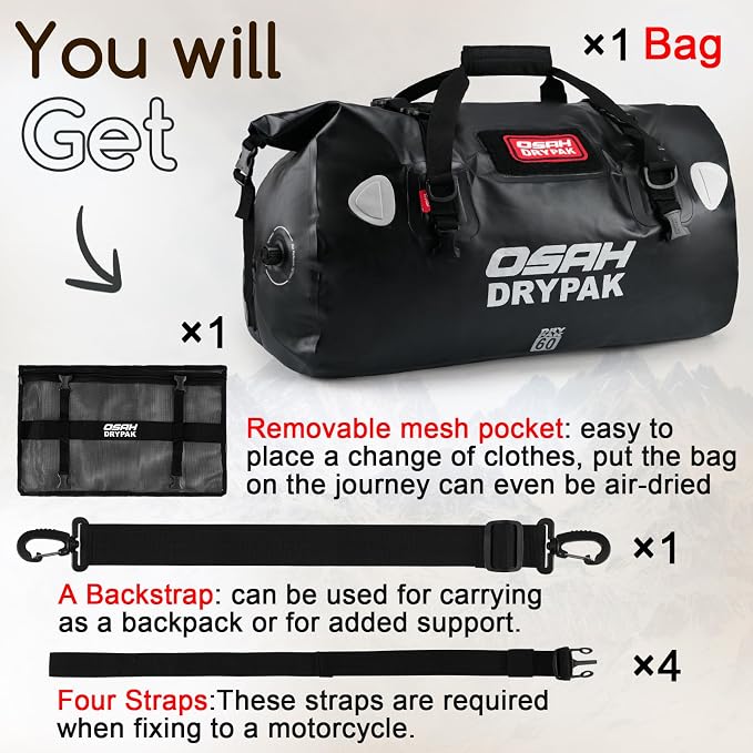 OSAH DRYPAK Waterproof Duffel Bag - Motorcycle Dry Bag Tail Bag with Large Storage Space, Waterproof Luggage Duffle Bags with Outer Mesh Zipper Pocket for Camping, Kayaking, Fishing & Traveling - Image 7