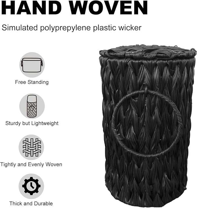 Coeusy Black Toilet Paper Basket with Lid,Wicker Toilet Paper Storage Stand,Large Narrow Bathroom Towel Basket Mega Roll Container Bin for Toilet Tank,Floor - Image 4