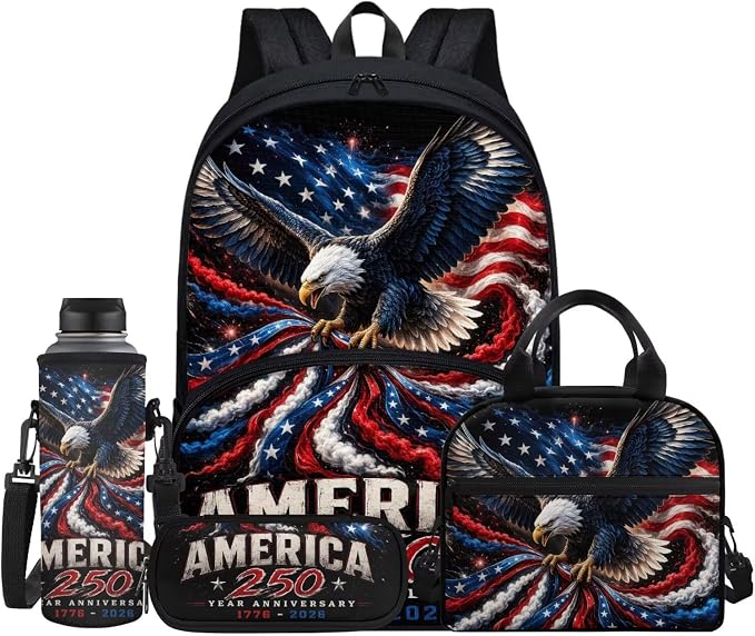Eagle Kids Backpack for Boys Girls, American USA Flag School Bookbag, Kids 17 Inch Laptop Backpack Pencil Lunch Water Bottle Bag, 4 Pieces Hiking Backpacks Schoolbag Daypack Ages 8-10 10-12 by Jndtueit