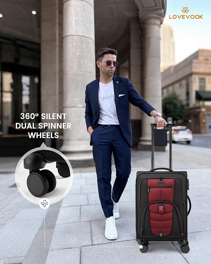 LOVEVOOK Business Softside Checked Luggage with 15.6/17.3 Inch Laptop Compartment, 24 Inch Checked Suitcase with Spinner Wheels, Large Capacity Luggage with TSA Lock for Business Trip Travel Red&Black - Image 2