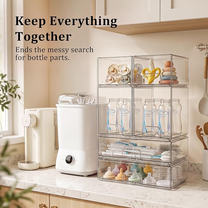 Clear Stackable Storage Drawers: Baby Bottle Storage Organizer, Acrylic Bottles Station Organizer Container for Countertop, Vanity, Bathroom, Cabinet Organization - 6 Pack - Image 3