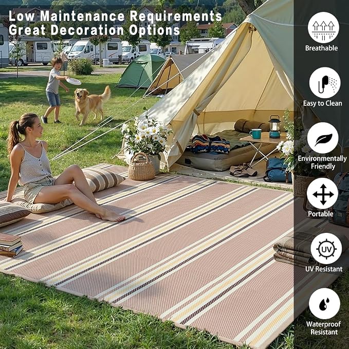 PureCozy Outdoor Waterproof 9x12 Rug for Patio Reversible Plastic Straw Beige Striped Camping Mat Outside Lightweight Large Floor Mat for RV Deck Beach Balcony Picnic Backyard Entry Porch - Image 3