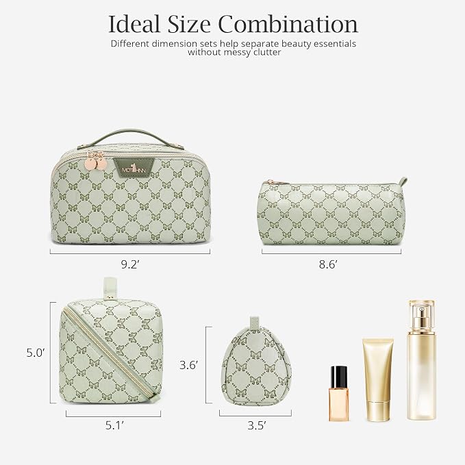 Travel Makeup Bags for Women: 3 Pcs Set Luxury Bow Print Make up Bag - Large Capacity Cosmetic Case - 3–15 Day Travel Toiletry Organizer Bag, Comes with An Gift Box(Ragweed green) - Image 6