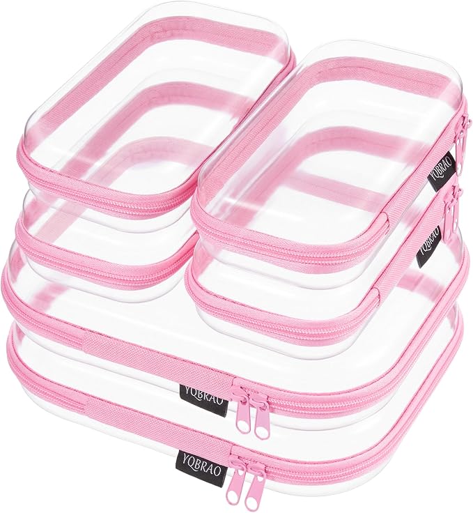 6 Pack Pink Clear Hard Shell Beauty Organizer (2M+4S), 1.2mm Heavy Duty Crush-Proof Cosmetic Case, Reinforced YKK Zippers, Stadium Approved Security Bag for Skincare & Electronics, Multi-Size Set by Unknown