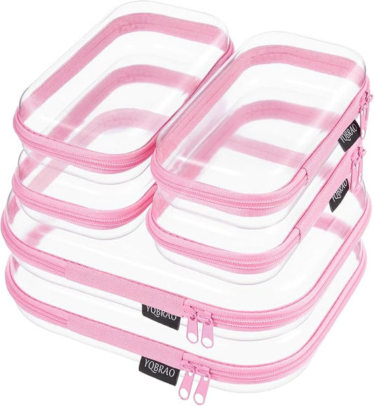 6 Pack Pink Clear Hard Shell Beauty Organizer (2M+4S), 1.2mm Heavy Duty Crush-Proof Cosmetic Case, Reinforced YKK Zippers, Stadium Approved Security Bag for Skincare & Electronics, Multi-Size Set by Unknown