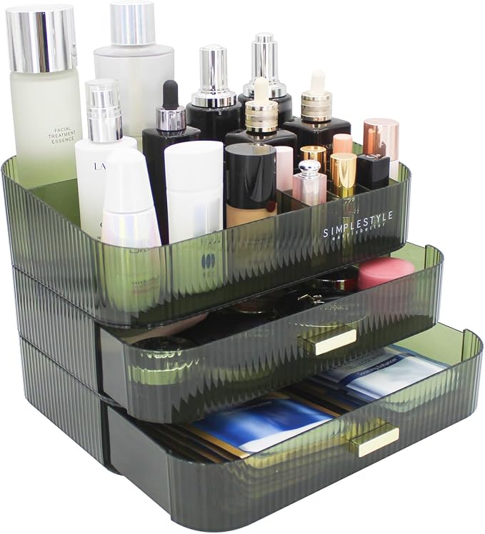 Makeup Organizer with 2 Drawers, Cosmetics Organizer for Bedroom and Bathroom Vanity Countertops, Large Capacity Cosmetic Storage Box for Skincare Cream Perfume Lipstick Dresser Counter-Green by JONKASIPA