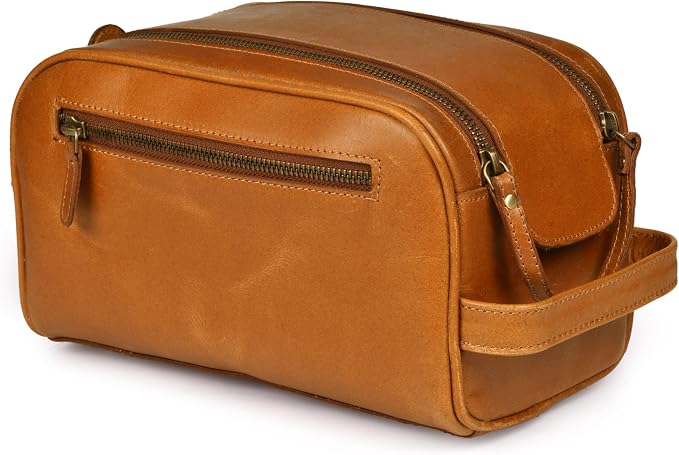 Premium Leather King Size Toiletry Travel Pouch – Handcrafted Dopp Kit Bag with Waterproof Lining, Spacious Design for Travel Essentials, Elegant Tan Finish by DHAMPOOH
