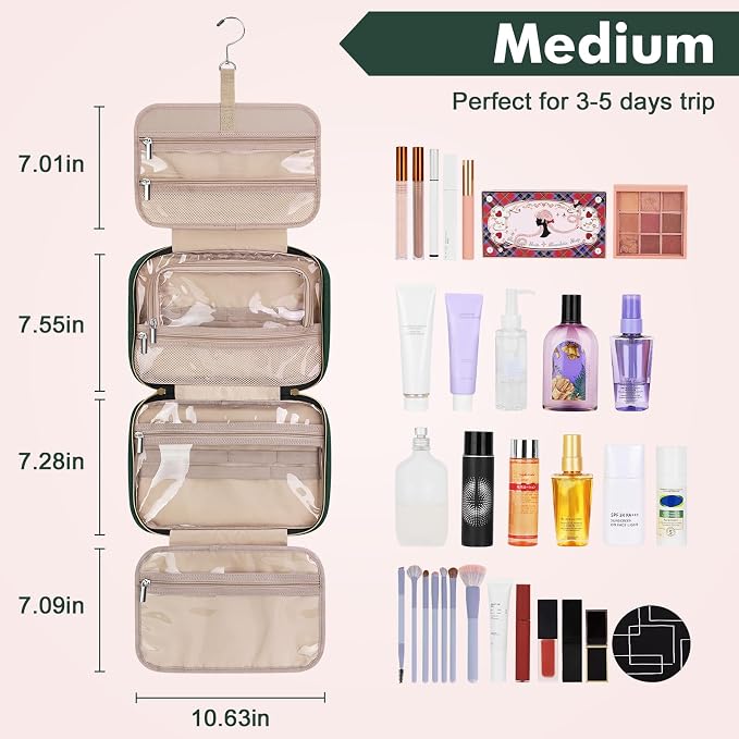 Wedama Toiletry Bag for Women, Medium Cosmetic Travel Bag, Hanging Toiletry Bag for Bathroom, Thickened PVC Waterproof Makeup Bag, Toiletries Bag for Travel Business Trips and Camping, Dark Green - Image 2