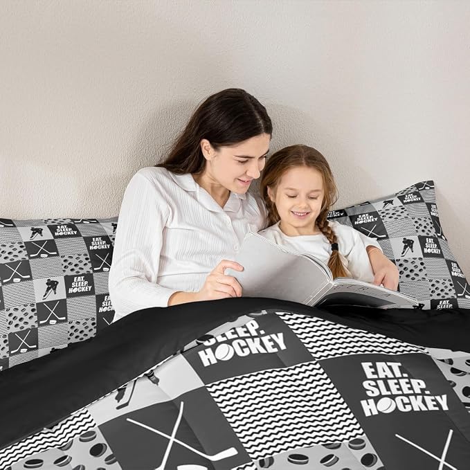 Ice Hockey Comforter Sets For Boys Full Black White Grey Winter Sports Games Down Comforter Kids Teen Room Decor,Hockey Pucks Player Bedding Set Geometric Checkered Stripes Quilt Duvet 2 Pillow Cases - Image 5