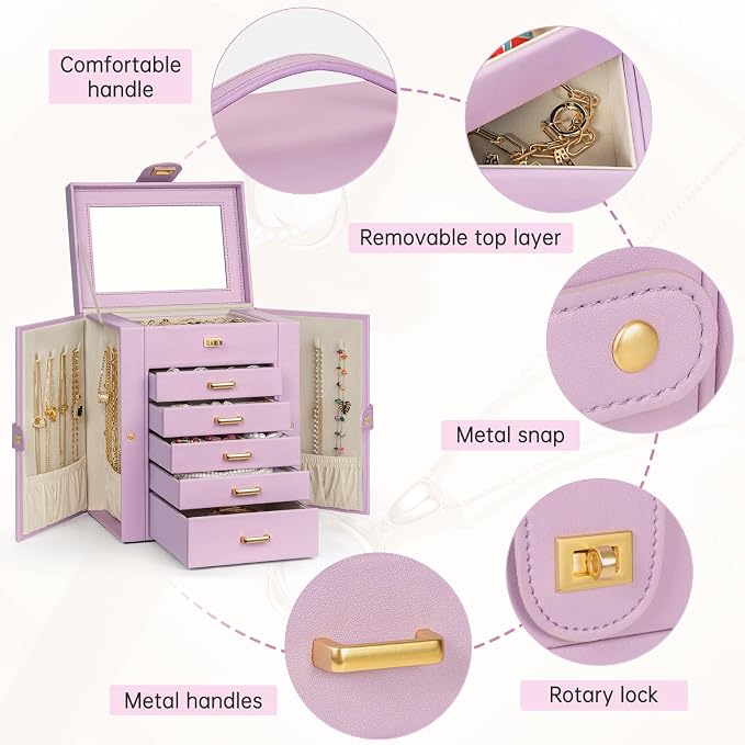 AKOZLIN 6-Tier Jewelry Box Organizer Functional 5 Drawers Leather Jewelry Storage Case for Women Girls Ring Necklace Earring Bracelet Holder Organizer with Mirror Light Purple Regular - Image 3
