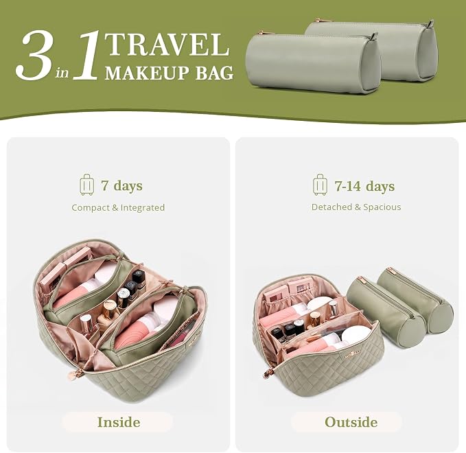 Travel Makeup Bags Cosmetic Organizer: 3Pcs Set Puffy Make up Bag for Women | Green Premium Quilted ELEGANCE Design | Large Capacity Leather Toiletry Bags | Wide Open Compact Case for Travel Essentials - Image 4