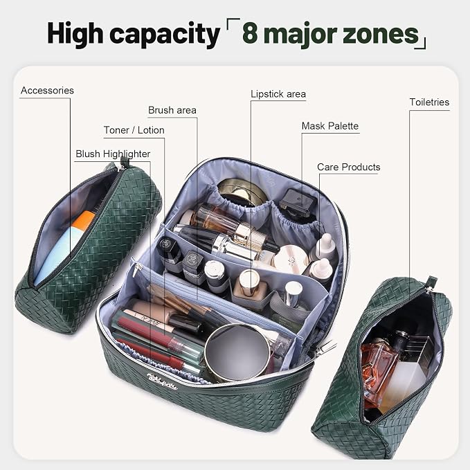 BOYATU Travel Makeup Bag Cosmetic Bags for Women: Large Capacity 3 Pcs Set Make up Bag with Compartments - Waterproof Vegan Leather Toiletry Organizer Bags with Handle (L06 Olive) - Image 4