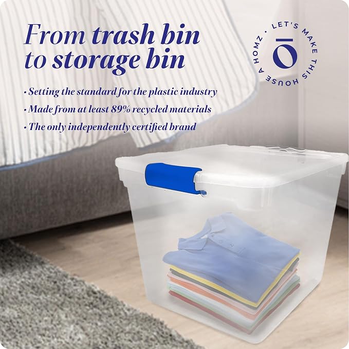 HOMZ 4-Pack 31 Quart Latching Lid, Clear Plastic Storage Organizer Bins, Blue – Stackable Containers for Home & Office Shelves, Kitchen, Garage, and Bathroom Organization - Image 7