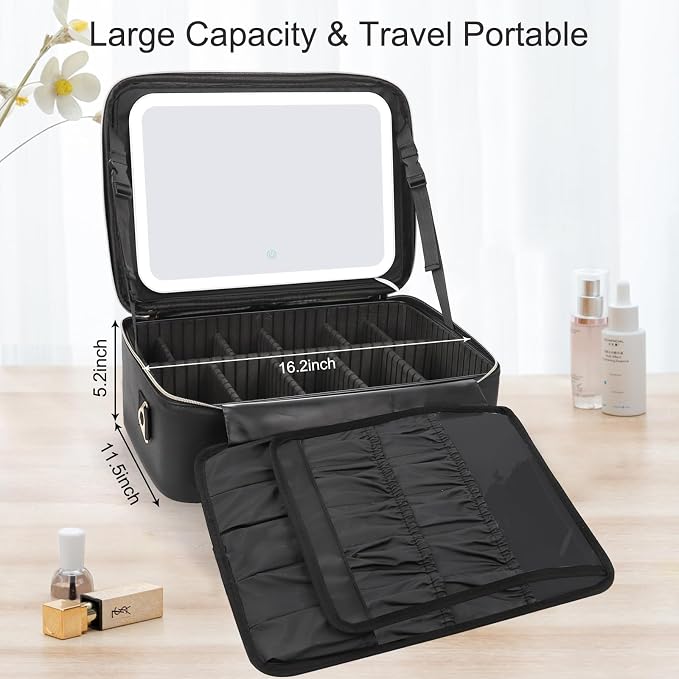 Chomeiu Makeup Bag with LED Mirror, Large Train Case for Makeup Artists, 16.2 inches Travel Professional Cosmetic Organizer with Light Up Mirror, 3 Color Lights, Adjustable Dividers & Shoulder Strap - Image 3