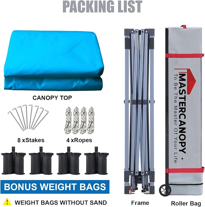 MASTERCANOPY 10x10 Pop Up Canopy Tent, 1 Person Setup Instant Shelter,Outdoor Portable Beach Canopy with Roller Bag, 4 Sandbags, 4 Ropes, 8 Stakes (10x10, Sky Blue) - Image 6