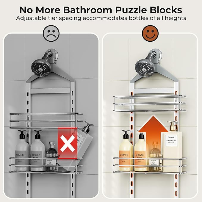 Orimade Aluminum Hanging Shower Caddy Over Head, Adjustable Anti-Slip Bathroom Shelves with Hooks, Rustproof Shower Organizer Storage Rack, Silver 3 Tier - Image 5