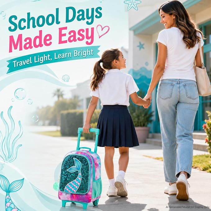 AGSDON 3PCS Rolling Backpack for Girls Boys, Kids Roller Wheels Bookbag, Wheeled School Bag with Lunch Bag - Image 6