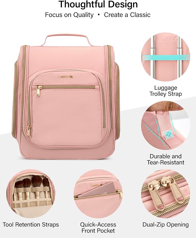 Hanke Hanging Travel Toiletry Bag for Men and Women, Water-Resistant Toiletries Bag Makeup Organizer with Hook, Cosmetic Bag for Bathroom & Travel Essentials Accessories, Pink - Image 7