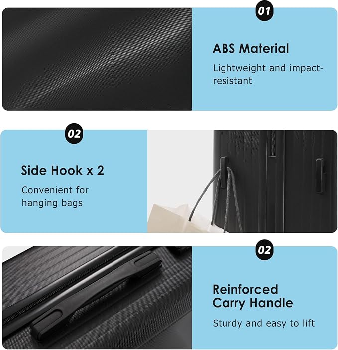 Hardshell Luggage Sets, Lightweight Stripes Suitcases with Spinner Wheels, Black1 - Image 6