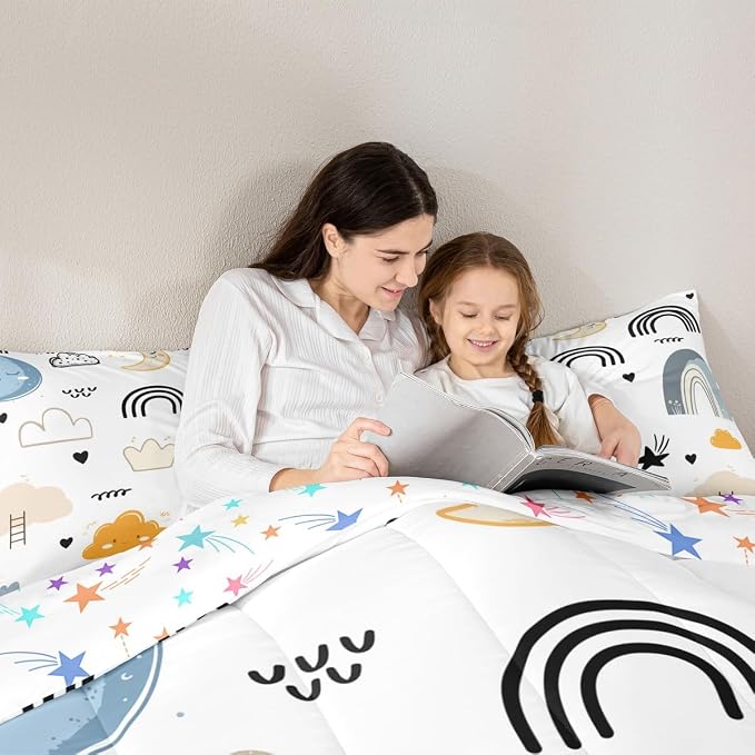 Erosebridal Cartoon Rainbow Comforter Set, Kids Kawaii Cartoon Sun Cloud Duvet Insert King, Love Heart Quilt for Boys Girls Children Teens, Hand Drawn Rainbow Bedding Set Soft Microfiber Comforter - Image 5