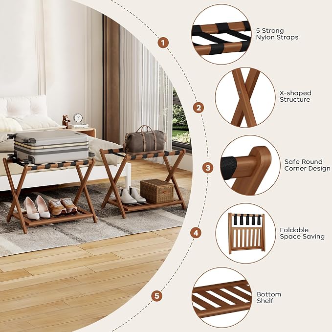 Full Assembled 26.77"L Luggage Rack Set of 1 - Luggage Stand for Guest Room, Foldable Suitcase Stand with Shoe Shelf, Luggage Holder for Suitcases, Bedroom, Hotel (Walnut Bamboo Suitcase Holders) - Image 3
