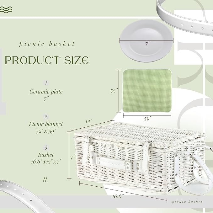 Picnic Basket Set for 4 with Waterproof Blanket Mat Insulation Bag Wicker White Green Plaid Classic Fresh Gift for Christmas Thanksgiving Wedding Birthday Camp Outdoor Beach Travel - Image 5