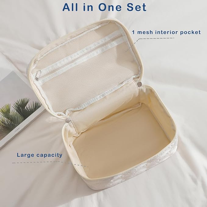 RSRSLEII 3Pcs Quilted Cotton Coquette Makeup bag, Coastal Granddaughter Aesthetic Cosmetic Bag, Cute Seashell Portable Travel Toiletry Pouch (08 3Pcs White) - Image 3