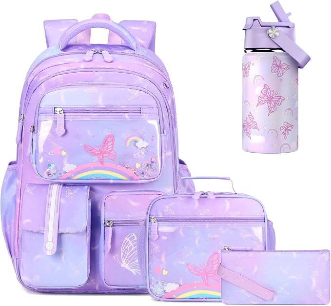 ACESAK Kids School Backpack for Girls, Rainbow Bookbag Backpack with 14OZ Water Bottle, Lunch Bag Set for GirlsTeens Middle Student, Girls Backpacks for School (Purple) by ACESAK