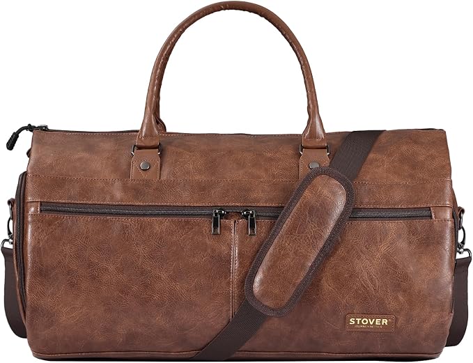 STOVER Garment Travel Duffle Bag, Large 2-in-1 Convertible Carry-on Luggage for Men & Women- Hanging Suits, Dresses & Clothes + Shoe Compartment- Weekender Tote Combo Duffel (Brown Leatherette) - Image 8