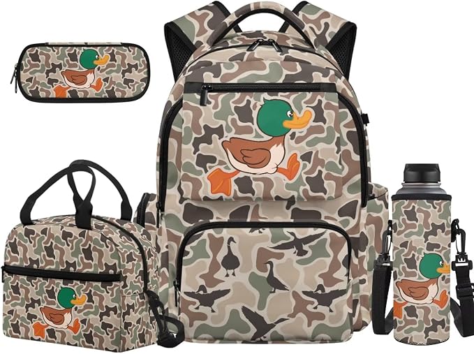 Camo Duck 4 Piece Kids School Backpack Set, with Lunch Pouch | Water Bottle Holder, Lightweight Durable 600D Material, Multi Compartments, for Middle High School Students by Unknown