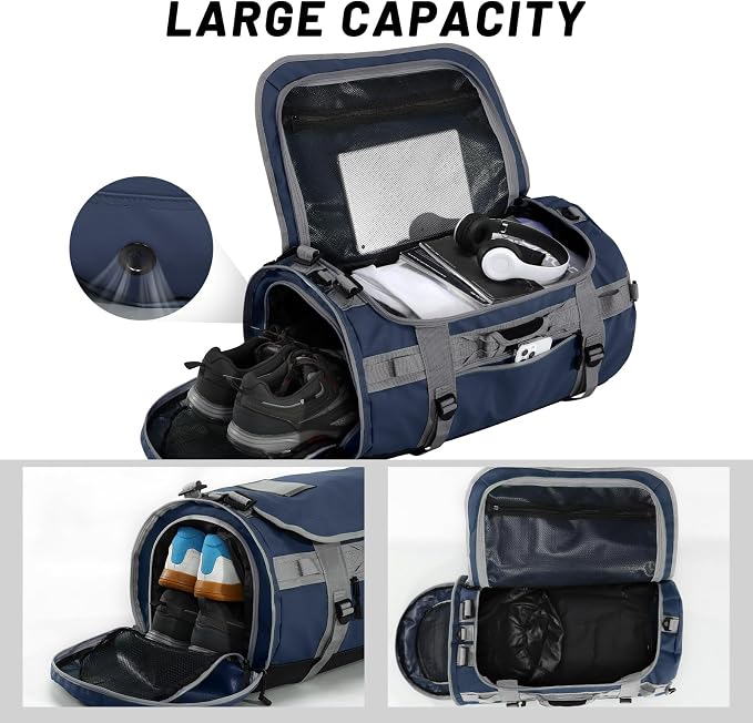 MIER Large Duffle Bag Backpack for Travel Camping Gym Sports, 45L/60L/90L | Water Resistant, Convertible Duffel, Detachable Backpack Straps, Shoe Compartment, Heavy-Duty Tarpaulin, 3 Sizes - Image 3