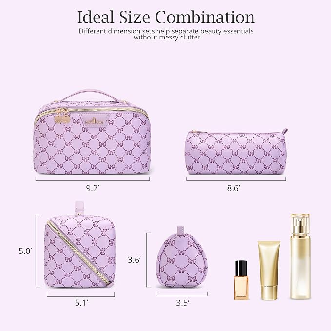 Travel Makeup Bags for Women: Luxury Bow Print Make up Bag | Bow Print That Stays as Sweet as You,3 Set Large Capacity Cute Cosmetic Case - Waterproof Leather Toiletry Organizer Bag - Image 6