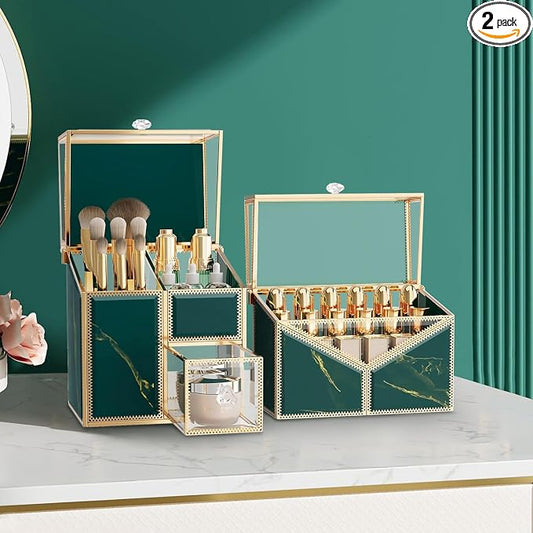 CoralHouse Makeup Organizer Countertop Set – Vanity Holder with 18-Slot Lipstick Organizer & Covered Makeup Brush Holder – Skincare, Perfume & Cosmetic Display for Bathroom or Dresser by Coralhouse