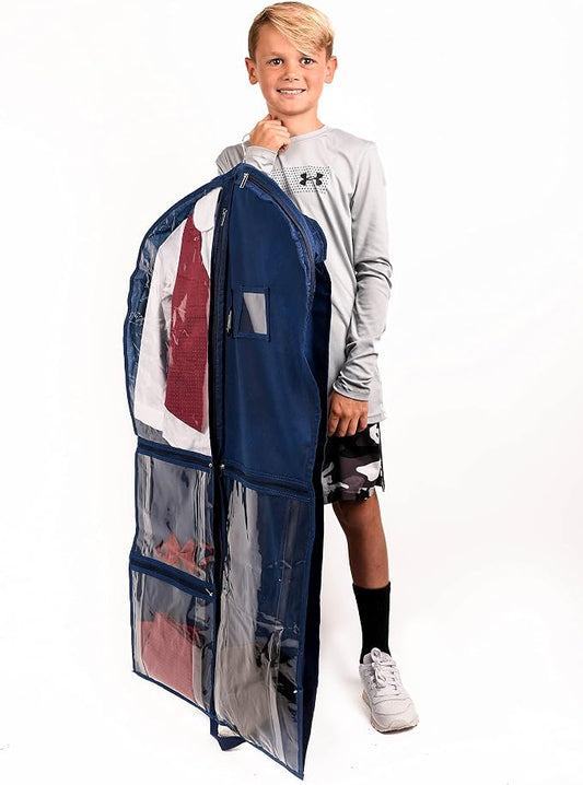 Waterproof Hanging Garment Bag 40 inch Clothes Bag with Gusset, 5 Pockets & Side Zip for Dance Costumes, Sports, Skating, Theatre, Beauty Pageants,Cheer & More by Kendall Country, Navy Blue by KendallCountry