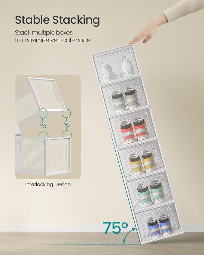 SONGMICS Shoe Boxes, Pack of 18 Shoe Storage Organizers, Stackable Clear Plastic Boxes for Closet, Sneakers, 13.1 x 9.9 x 7.4 Inches, Transparent and White ULSP18MWT - Image 3