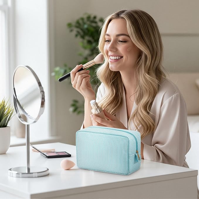 Sanwuta 10 Pcs Seersucker Cosmetic Bag Seersucker Makeup Bag Women Stripe Large Travel Toiletry Organizer Preppy Storage Pouch for Embroidery Wedding Bridesmaid Bride Mom (Mint Green) - Image 4