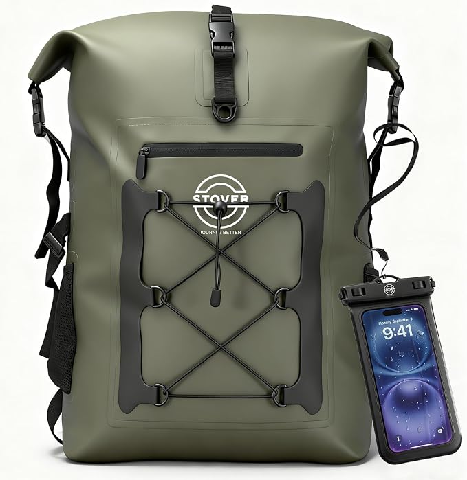 STOVER 30/40/55L Waterproof Dry Backpack & Phone Case- 2XL Floating Dry Bag for Kayaking, Travel, Hiking, Fishing, Camping, Motorcycles & Beach, Heavy-Duty Roll Top Men/Women (Green) by STOVER