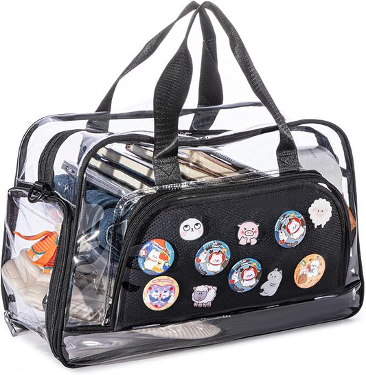 Clear Duffle Bag for Women with Anime Pins Display & Shoe Compartment, Waterproof and Convertible Crossbody for Anime Conventions, Stadium Events, Yoga, Travel & Gym (black) by Unknown