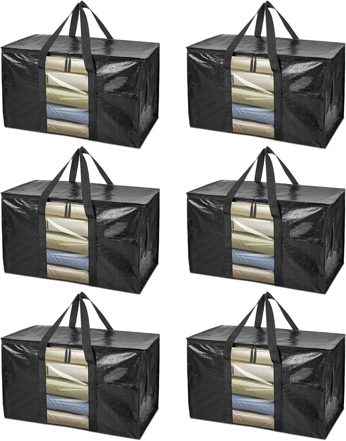BALEINE 6-Pack Oversized Moving Bags with Reinforced Handles, Heavy-Duty Storage Tote Moving Supplies for Packaging, Camping (Black w/Window, 6-Pack) by BALEINE