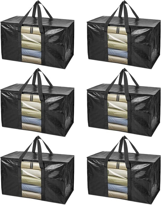BALEINE 6-Pack Oversized Moving Bags with Reinforced Handles, Heavy-Duty Storage Tote Moving Supplies for Packaging, Camping (Black w/Window, 6-Pack) by BALEINE