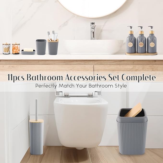 Grey Bathroom Accessories Set 17PCS Bathroom Set with Trash Can 3PCS Lotion Soap Dispenser, Toothbrush Holder, Soap Dish,Tumbler Cup,6PCS Wood Tags Bath Accessories with Tray for Bathroom - Image 3