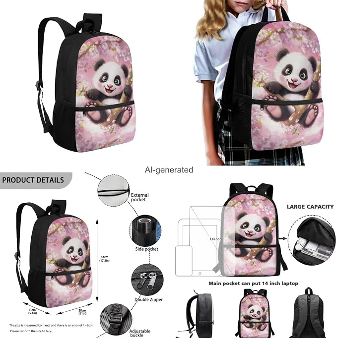 Cherry Blossom Panda Backpack for Girls Kids Backpack with Lunch Box Water Bottle Holder and Big Pencil Case 4PCS Set Bookbag with Front Pocket for School 17" Lightweight Elementary School Bag - Image 3