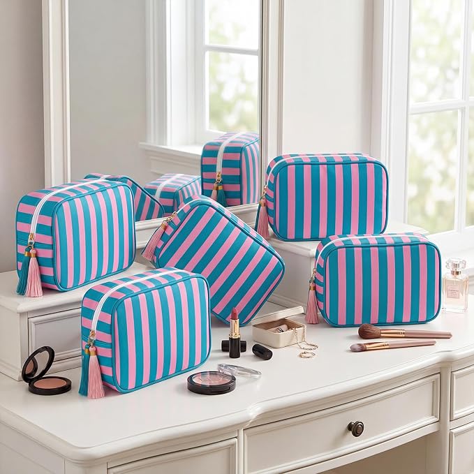 Kacctyen 6 Pack Blue and Pink Striped Makeup Bag bulk with Tassel Travel Cosmetic Pouch Organizer Large Zipper Toiletry Case for Women Aesthetic Storage Pouch Mahjong Tile Bag - Image 8