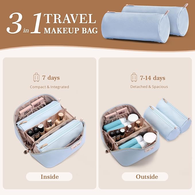 Travel Makeup Bag for Women: 3-in-1 Large Capacity Cosmetics Organizer with 2 Detachable Pouch - Vegan Leather Flat Open Toiletry Bag - Travel Essentials for Full-Sized Bottles(Light Blue) - Image 2