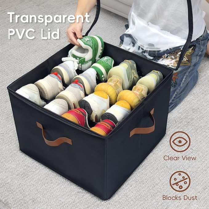 Shoe Organizer for Closet, 3 Pack Shoe Storage Bins with Clear Cover, Adjustable Dividers Fits 24-48 Pairs, Black - Image 6
