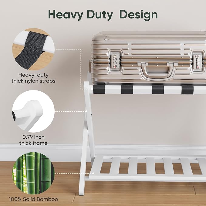 Smart FENDEE 2 Packs Fully Assembled Luggage Racks with Shoe Shelf, Suitcase Stand with Fold & Lock System, Bamboo Luggage Stand Ideal for Guest Room, Bedroom, Hotel, White - Image 2