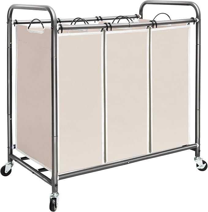STORAGE MANIAC 3 Section Laundry Sorter, 35.6 Gal (135 L) Laundry Hamper Cart with Heavy Duty Rolling Lockable Wheels and Removable Bags, Clothes Organizer Basket Separator Hamper, Beige by STORAGEMANIAC