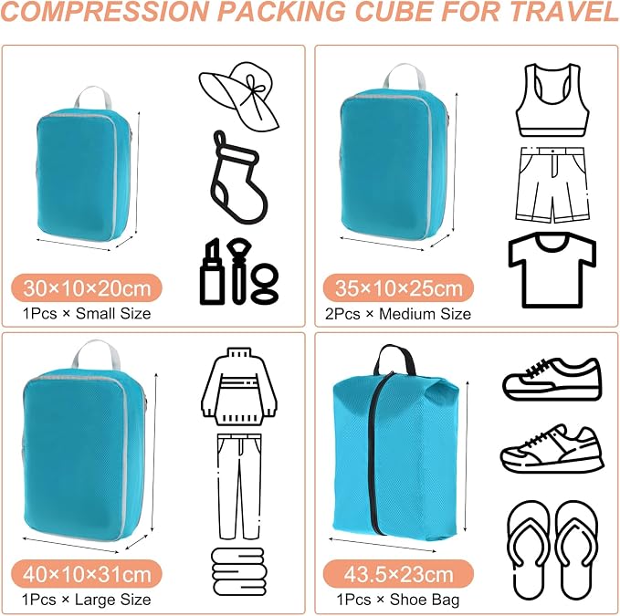 PATIKIL Compression Packing Cube for Travel, 5 Set Waterproof Travel Packing Cube Compression Nylon Luggage Organizer Bags Shoe Bag for Suitcases Backpack, Sky Blue - Image 2